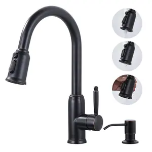 WOWOW Durable Steel Kitchen Faucet, Elegant Single-Handle Pull-Down Pull-Out Sprayer, Rotatable Rotary Tap with Soap Dispenser (Oil Rubbed Bronze), Pull Out Faucet
