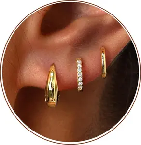 Small Sterling Silver Huggie Hoop Earrings Set for Women, Hypoallergenic 14K Gold Plated Hoops Stacks for Multiple Piercings, Dainty Cute Mini Lightweight Cartilage Studs Trendy Jewelry Gift