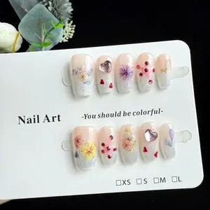 10pcs high-end Spring oil painting style, hand-painted flowers are fresh and clean, with gradient cat eyes handmade fake nails, Glitter nails