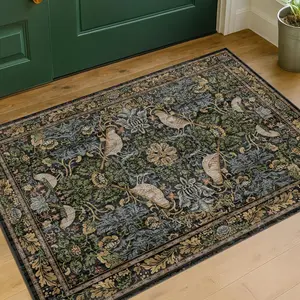Washable Dark Vintage Floral Rugs for Entryway - Small 2x3 Washable Rug for Kitchen Bathroom Door Mat Indoor Entrance with Bird & Botanical Pattern, Brown