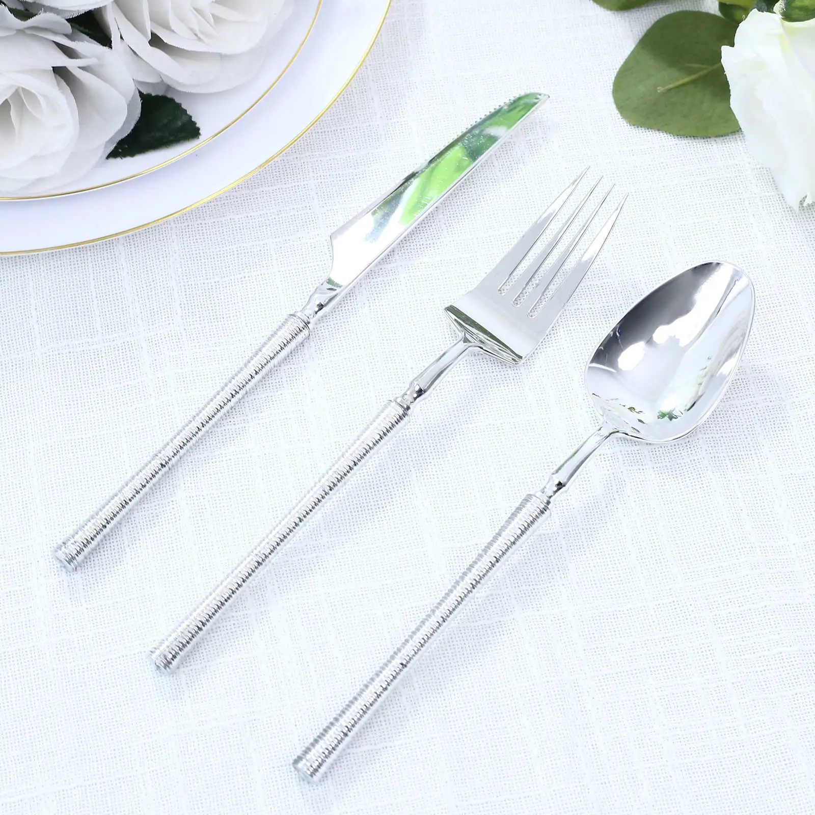 60-Pack Silver Plastic Cutlery Set with Ribbed Handle - Heavy Duty Disposable Fork Spoon Knife Combo