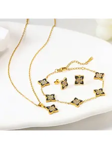 Stainless Steel Four-Leaf Clover Jewelry Set, Gold Plated Clover Pendant Necklace, Bracelet and Stud Earrings for Women, Black Enamel with CZ Accents