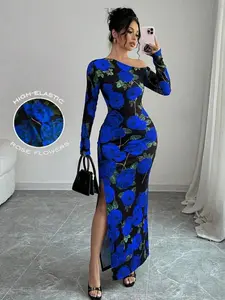 Women's Floral Print Wrap Waist Long Dress Set, High Slit Asymmetrical Neckline, Fall Fashion Clothing, Ladies' Fabric Design, Rose Print Dress
