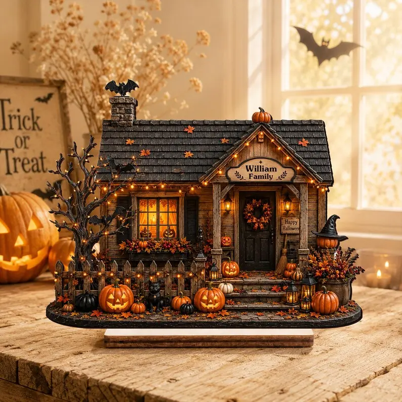 Personalized Halloween Wooden Plaque, Custom Family Pumpkin House Sign, 2 Layer Wooden Decor, Personalized Halloween Gift, Fall Home Table Decor, Wooden Keepsake