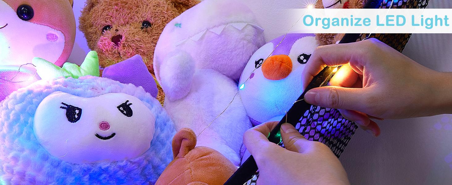 Castle Stuffed Animals Net or Hammock Kids Toy Storage Organizer with LED Light Hanging Corner Stuffed Animals Holder Kids Girls Room Decor,Black,Large (Pack of 1)