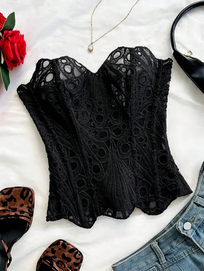 Summer, Elegant, Tea Party Bandeau Lace Double-Layered Fitted Corset Bustier Top, Avant-Garde Hollow Embroidered Top Summer Party And Evening Wear