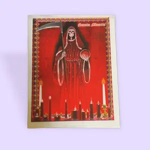 Santa Muerte prayer card in Spanish red robe 3x4 inches