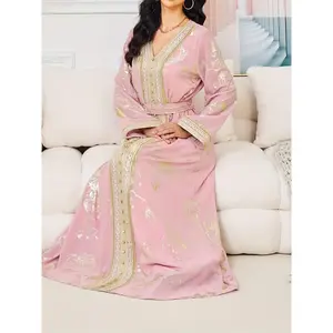 [Elegant Pink Abaya Dress] Elegant Pink Long Abaya Dress for Women with Golden Embroidery |   Stylish Long-Sleeve Tunic for Formal and Casual Occasions |   Formal Attire |   Detailed Embroidery