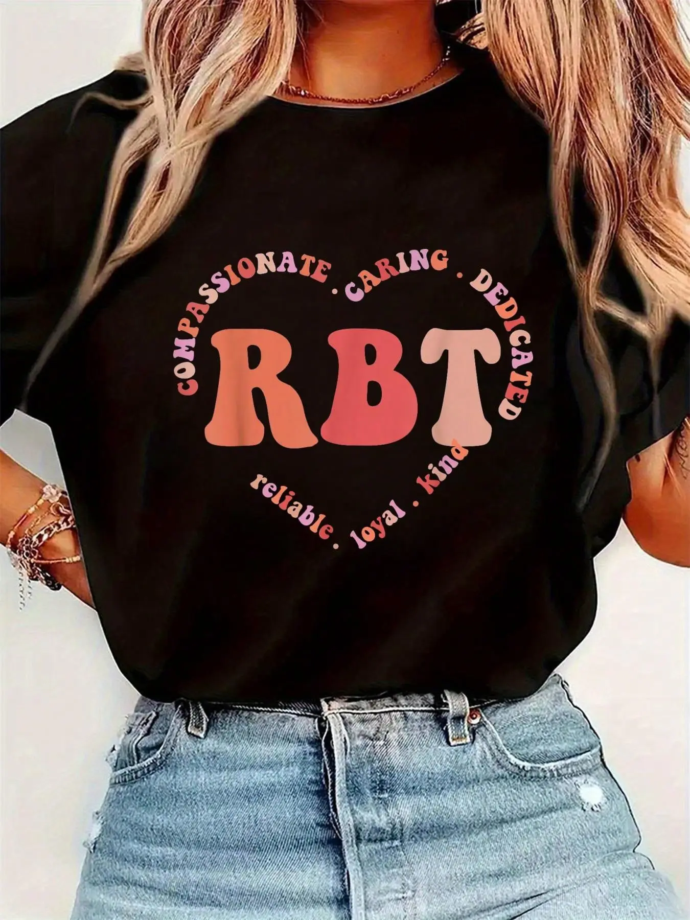 RBT Registered Behavior Technician Heart Valentines Day T-Shirt Womens Round Neck Short Sleeve T-Shirt Fashion Graphic T