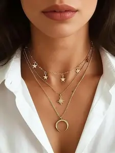 Y2K Star Moon Layered High End Necklace for Women, 14k Full Diamond Collar, Multi-Layer Wearable Celestial Jewelry, Valentine's Day Gift, Stacking Necklace