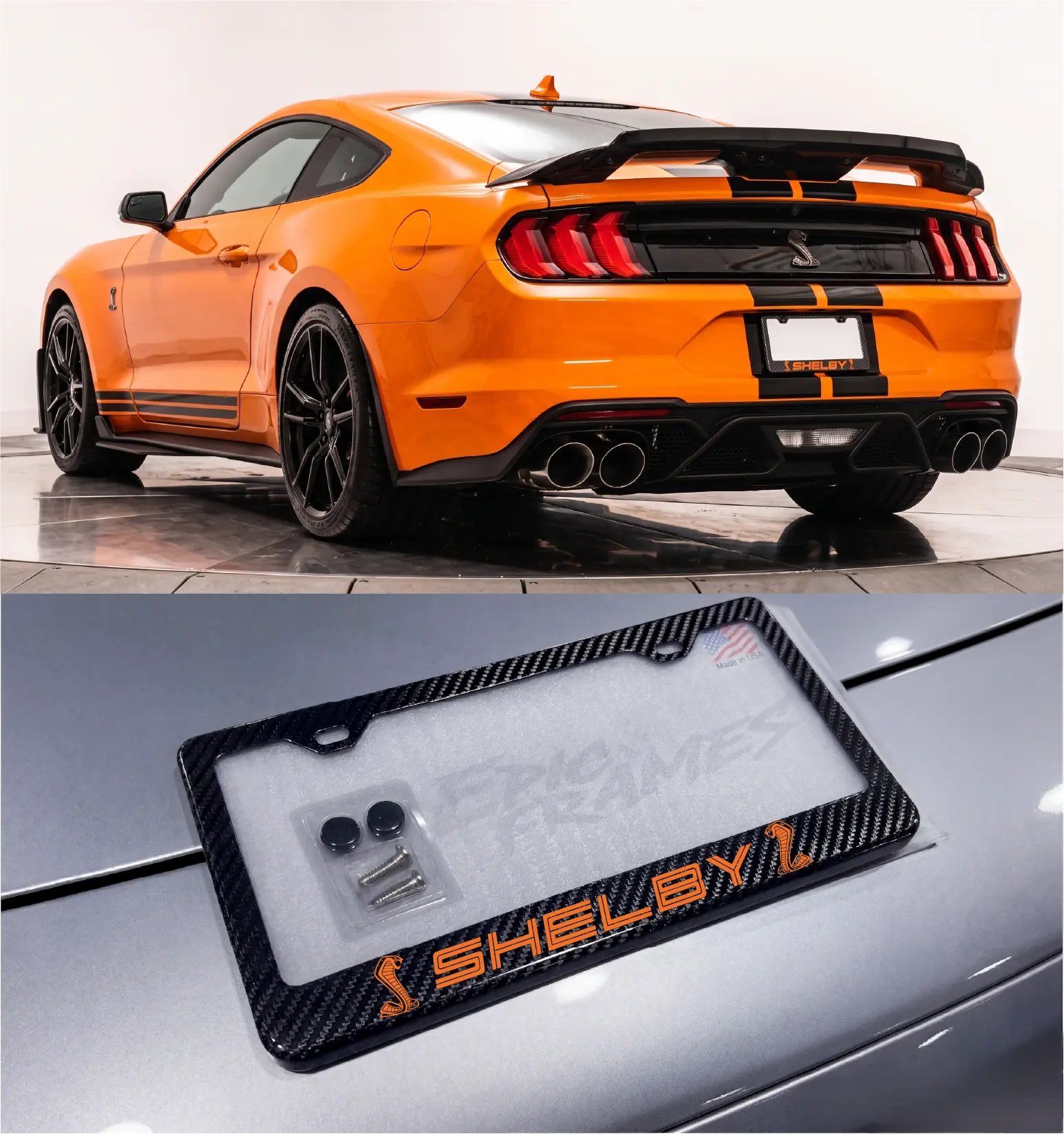 Orange Shelby GT500 / GT350 License Plate Frame 100% Carbon Fiber