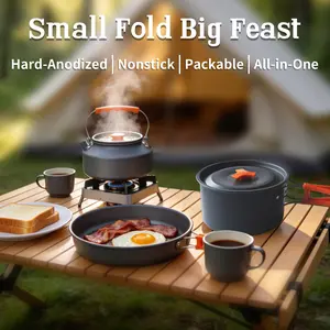 TGpao Collapsible Camping Cookware Set, Portable 4-in-1 Outdoor Camping pots and Pans Set with Nonstick Frypan, Pot, Kettle & Carry Bag, Hard-Anodized Aluminum for Camping, Hiking (2-6 Person)