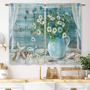 Farmhouse Floral Kitchen Curtains Daisy Rustic Vintage Flower Inspirational Small Short Cafe Window Curtains Wooden Country Bathroom Tier Window Treatment Drapes