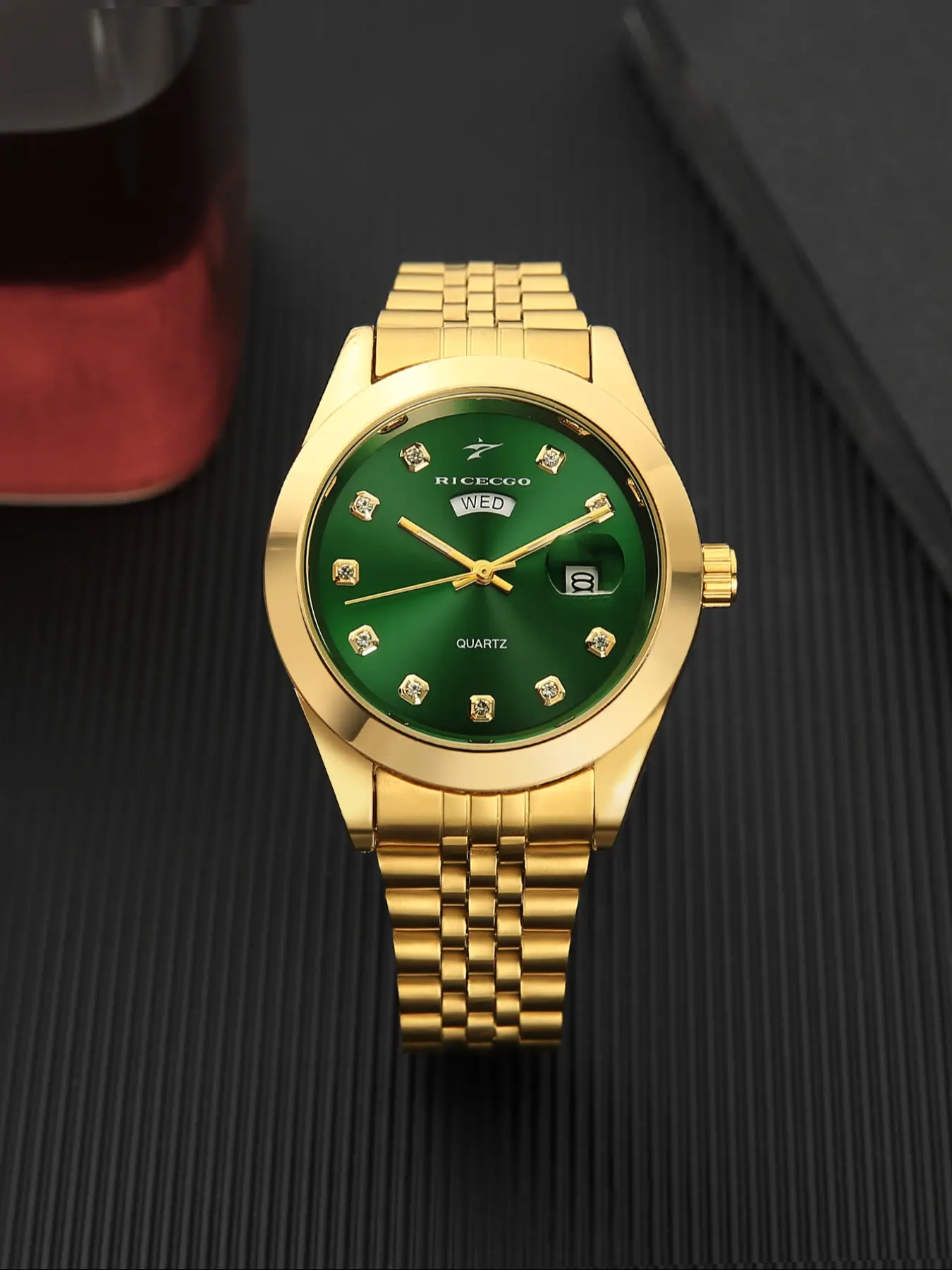 RICECGO men's Quartz Analog Watch, featuring a stainless steel strap, dual date display, modern and fashionable jewelry accessory, suitable for business occasions and daily wear, Business Fashion Watches, Fashionable Wristwatch