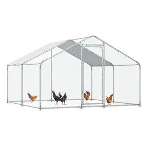Large Metal Chicken Coop, 10x10x6.6FT Chicken Run Walk-in Poultry Cage with Lockable Door Chicken Hen House with Waterproof & Anti-UV Cover Habitat Cage Outdoor Hen House for Yard Farm