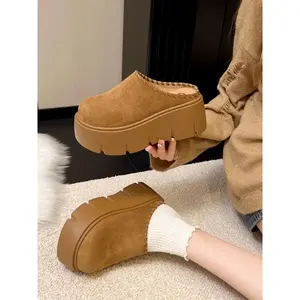 Women’s Thick-Soled Height-Boosting Mules, Korean-Style PU Leather Half Mules, Autumn & Winter Casual Footwear, Solid Color Design