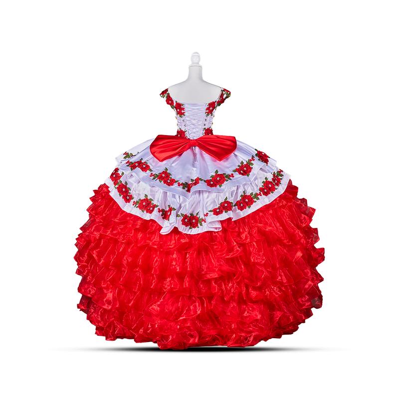 Charro Red – White & Red Mexican-Inspired Embroidered Ball Gown