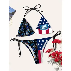 Bud Light July 4th Tropical Print Bikini Swimsuit, Fourth of July Bikini, US Flag Patriotic Bikini, Women Swimsuits, Drinking Clothes