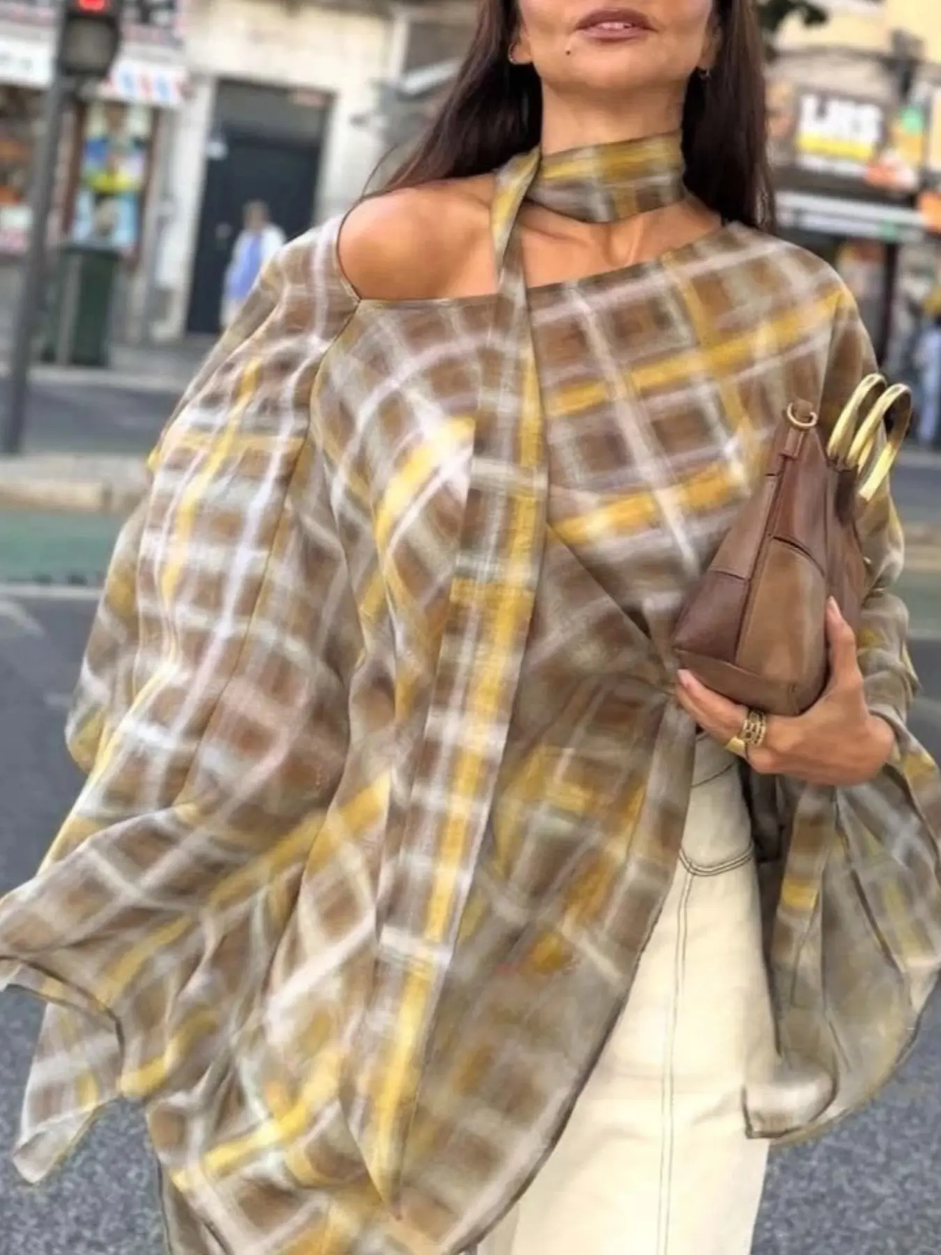 Women Khaki Plaid Off Shoulder Blouse Tie Neck Batwing Sleeve Loose Fit Cropped Top Vintage Check Print Flowy Shirt Casual Fashion Shirt Spring Summer Streetwear Casual Chic Boho Bohemian Lightweight Layering Top for Women Boho Style Shirt Boho Tops