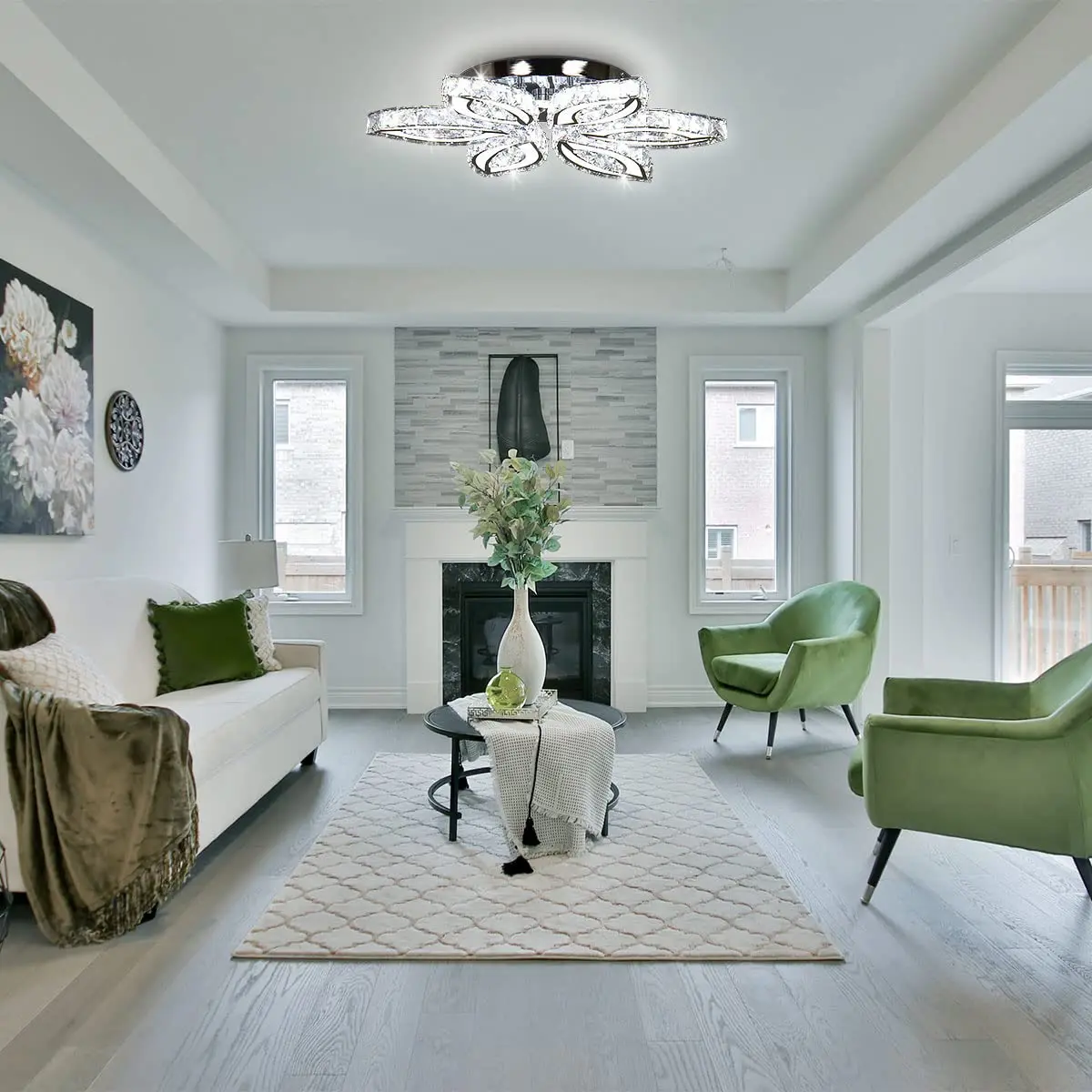 Modern Luxury K9 Crystal 6-Leaf LED Ceiling Chandelier Flush Mount Dimmable Remote Switch Control 220V AC Cool White Western Elegance Large Size Living Room Lighting QH-MC102