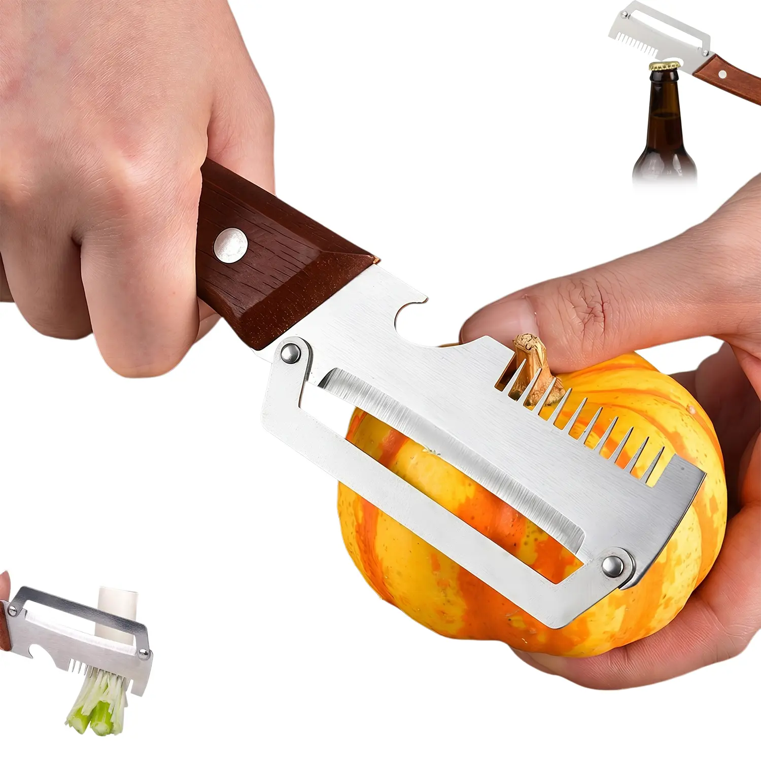 3-in-1 Kitchen Peeler,Fruit & Veggie Peeler Scallion Slicer Vegetable Slicer Kitchen Gadgets with Bottle Opener Sharp Stainless Steel Wooden Handle Non-slip,Kitchen Essentials Multi-function Stainless Steel Fruit Peeler