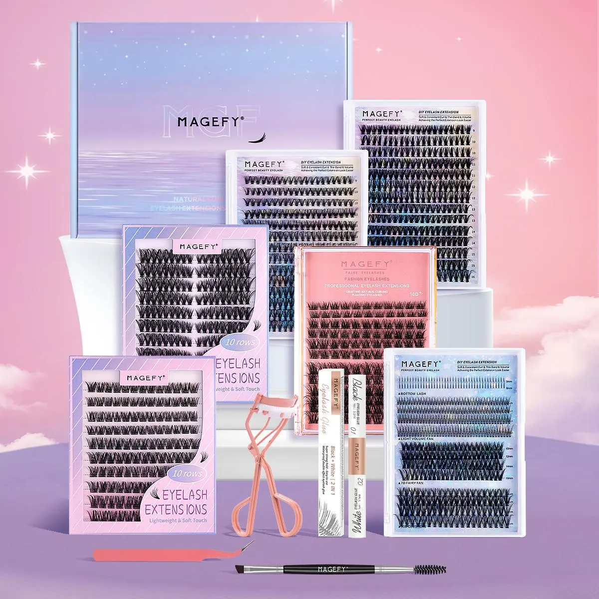 Magefy False Eyelashes Kit, 6 Boxes Mixed Wide Cluster Eyelashes with Eyelash Glue & Tweezers & Eyelash Curler & Brush, Eye Makeup Enhancement Tool for Women, Cosmetic