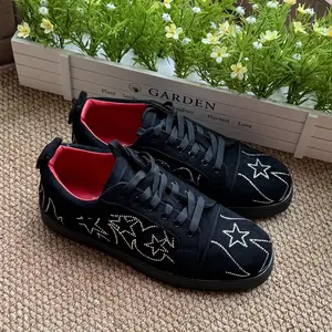 2026 Fashionable Casual Couple Water Diamond Shoes with Pentagram Pattern Inlaid on Red Bottoms Low Flat Velvet Material Luxurious Comfortable Red Soled Board Shoes - Running, Closed