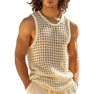 MIZOK Mens Knitted Crochet Tank Top Summer Hollow Sleeveless Tops Scoop Neck Loose Shirts