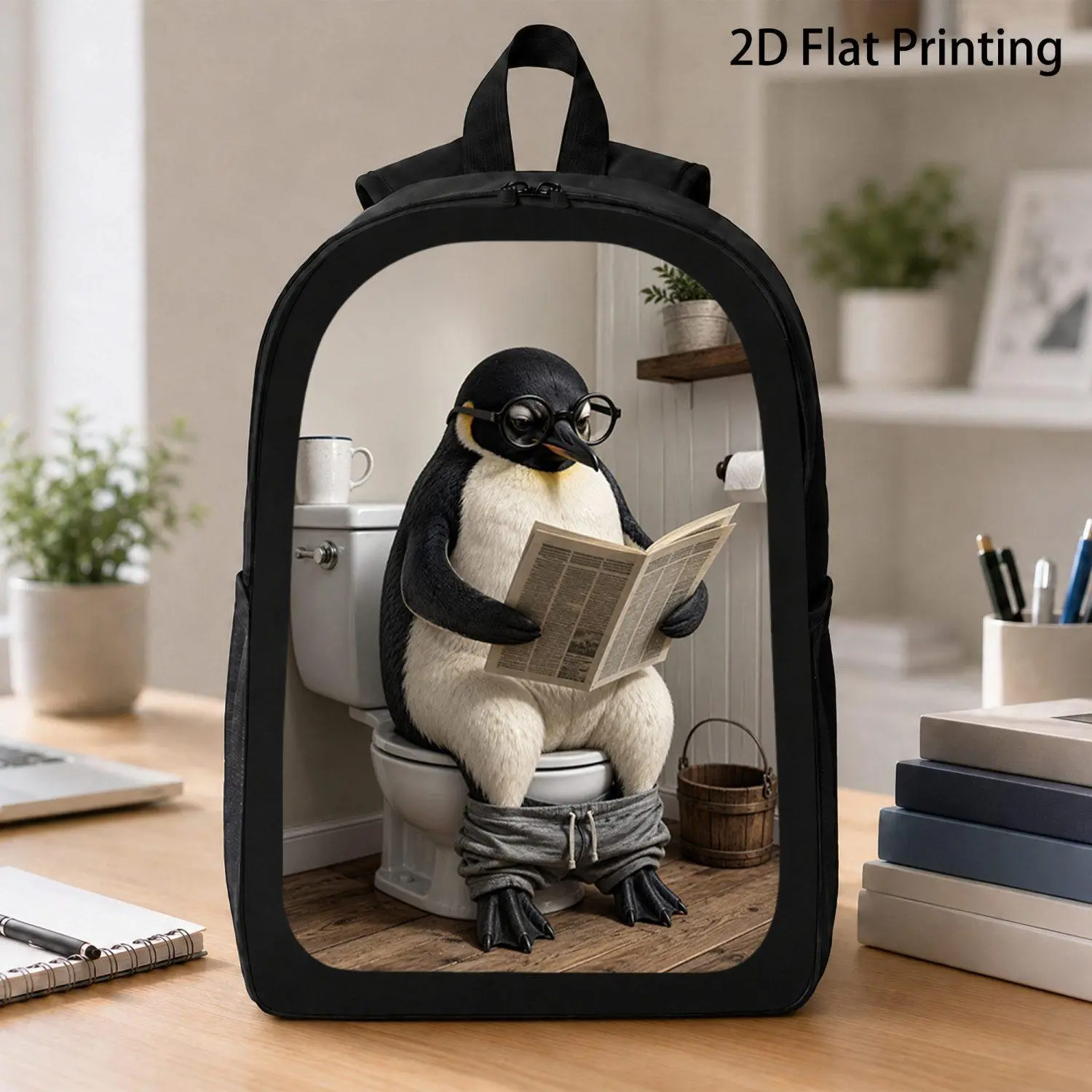 17 Inch Backpack Featuring Adorable Penguin Wearing Glasses Reading Book On Toilet Humorous Animal Print Stylish Laptop Bookbag For Everyday Travel School Use