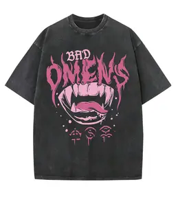 Bad Omen, Interesting Trendy Style, Dropped Shoulder Sleeves, High-quality, Thick And Heavy Weight 230g Boutique Vintage Pure Cotton Washed Craft Round Neck T-shirt, Street Style Loose Top, Short