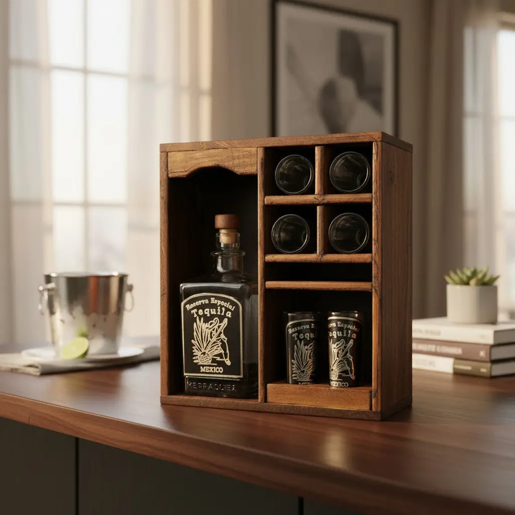 Mexican Tequila Decanter & Shot Glass Set | Rustic Wooden Display