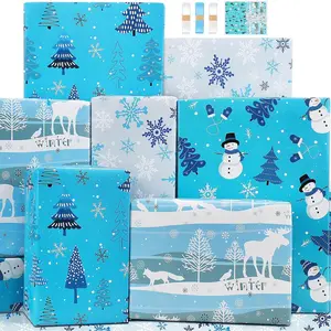 Boy Christmas Wrapping Paper Folded Sheets,Blue White Winter Xmas Wrapping Paper Christmas Paper Set for Boys Teen Men  ,Papel de  Navidad 4 Style Snowflake  Snoman  Wrap Holiday  Wrapper Paper with  Tag Ribbion for  Year Present