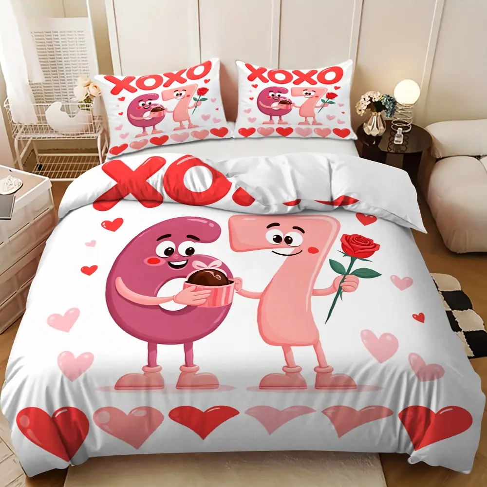3-piece bedding set - Happy Valentine's Day XOXO67 Heart-shaped down comforter set (1 comforter cover + 2 pillowcases, filling not included). A perfect gift for family and friends, soft and comfortable, suitable for family bedrooms and guest rooms.