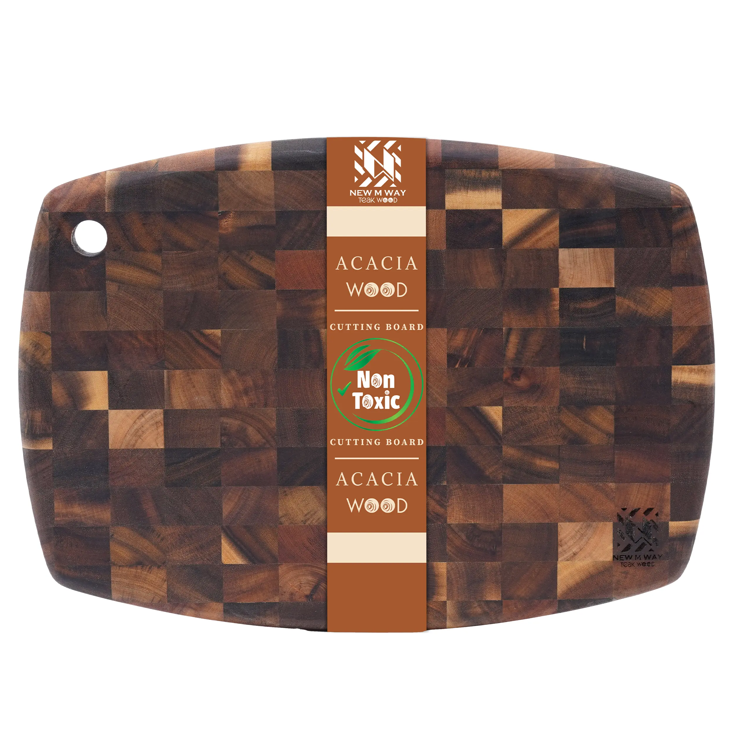 End Grain Acacia Wood Cutting Board 14" x 10" x 0.8" with Hanging Hole, Thick & Durable Butcher Block for Meat, Cheese, Fruit & Kitchen Prep – Knife Friendly, Non-Toxic, Plastic-Free by New M Way