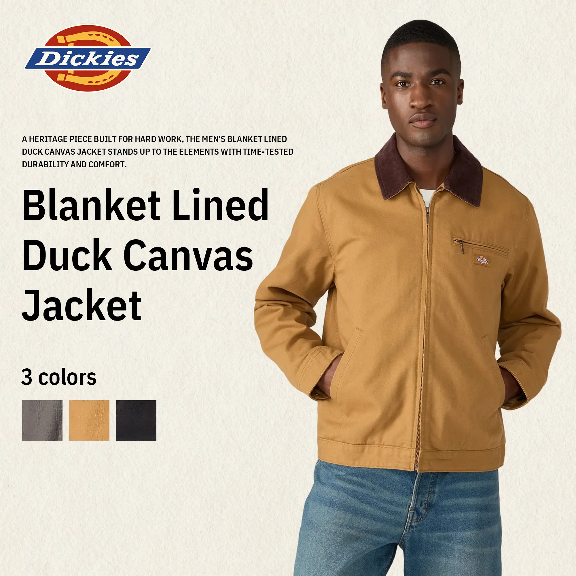Dickies | Blanket Lined Duck Canvas Jacket,100% Cotton,Zippered Chest Pocket,Bi-Swing Back,Adjustable Cuffs,Waist Snaps,Classic Workwear Style