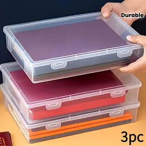 Three-piece set of A5 transparent plastic storage boxes with lids |   Durable rectangular organizer box for office supplies, art supplies, and desktop accessories |   Multifunctional design, easy-to-grip handle, non-waterproof model