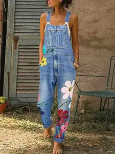 Women's Denim Jumpsuits in Spring, Summer and Autumn, Fit Comfortable and Loose Flower Design with Multiple Pockets, Trendy Street Casual Style, Suitable for Women's Daily Travel, Casual Sleeveless Overalls