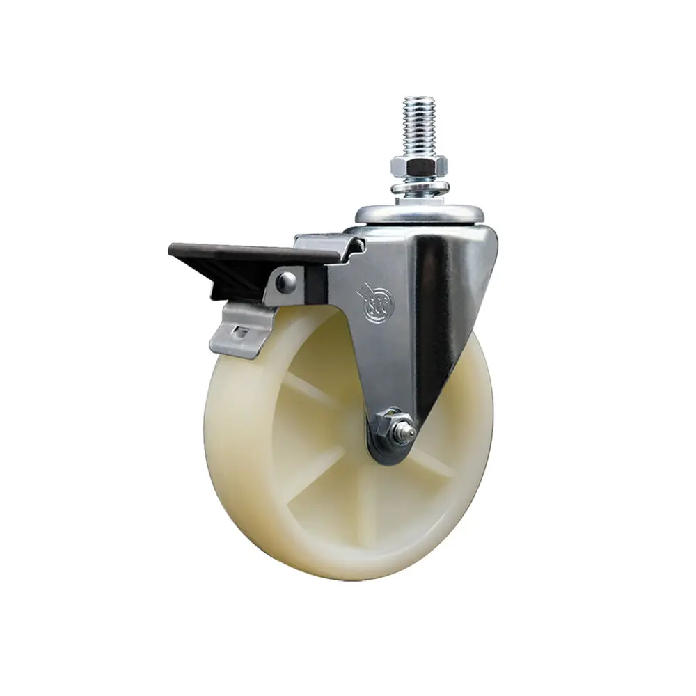 Service Caster Series #20 SCC-TS20S514-NYS-PLB-121315 Nylon Swivel Threaded Stem Caster, 5x1.25 inches Wheel, 0.75 in Stem, Posi Locking Brake, Maintenance Free, Low Rolling Resistance for Material Handling Carts & Shop Projects (300 lbs Capacity)