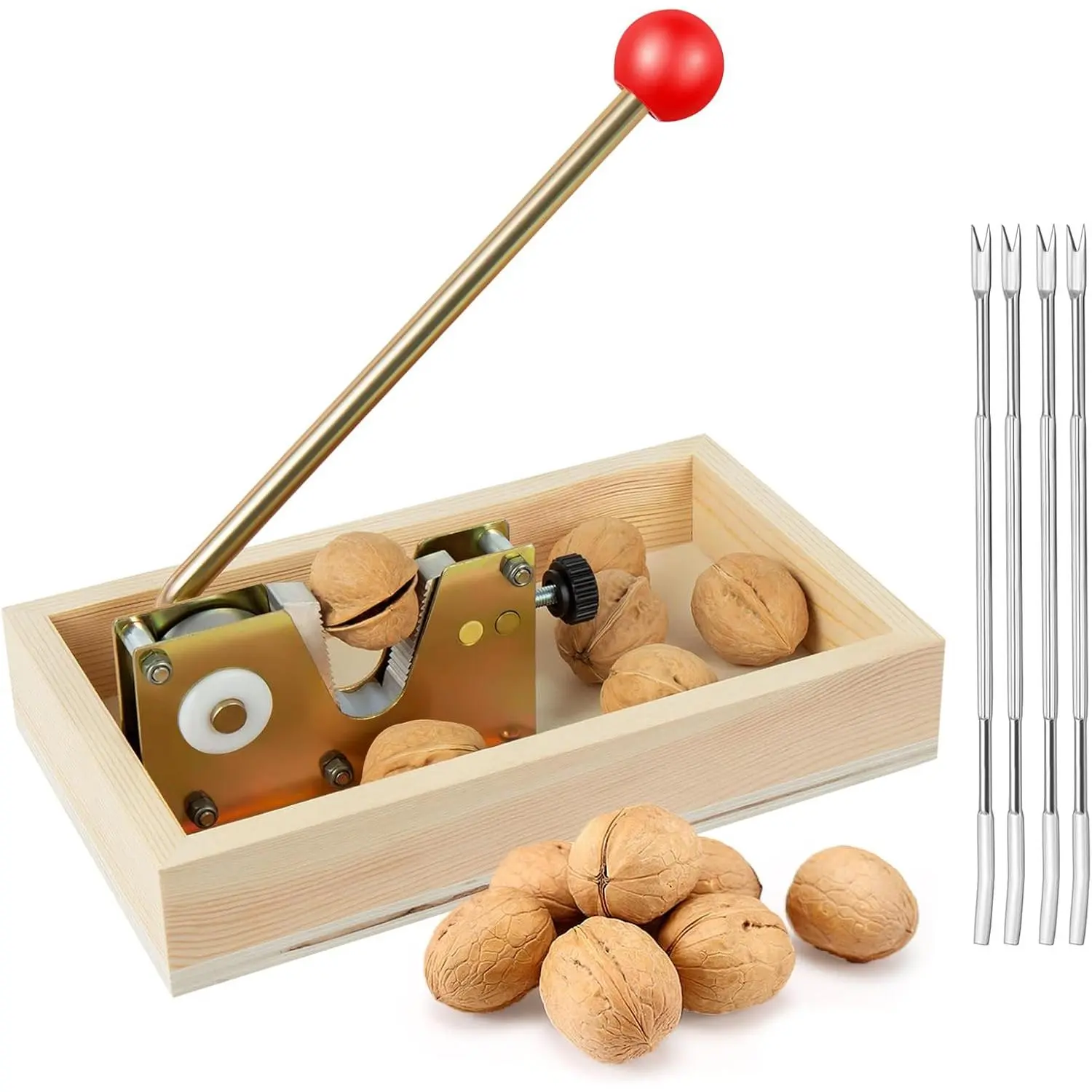 Heavy Duty Nut Cracker Tool with Wooden Base Adjustable Manual Nut Tongs for All Nuts Including Walnut Pecan Macadamia Hazelnuts Chestnut, 4 Picks Included