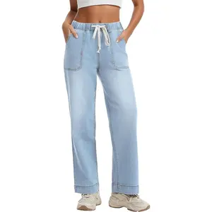 Women's High Waisted Stretch Straight Leg Jeans, Washed Elastic Waist Denim Pants, No-Iron, All-Season Elegant Casual Wear for Travel & Daily Outfits, Machine Washable