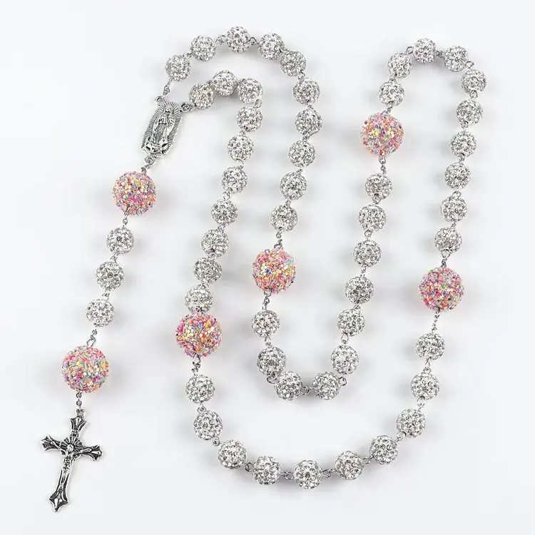 Rosary Necklace, Vibrant Multicolor Crystal Bead Faith-Based Fashion Jewelry with Jesus Crucifix Cross Pendant and Virgin Mary Charm, Cross Crystal Charm Necklaces, Accessories