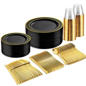 150pcs Black and Gold Disposable Dinnerware Set for 25 Guests Plates Cups Forks Knives Spoons Party