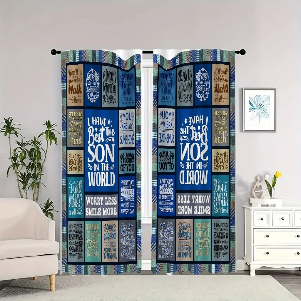 Patchwork patterned rug, inspirational phrases, blue theme, reversible blackout curtains, suitable for living room, bedroom, and apartment decor, perfect for the new year.