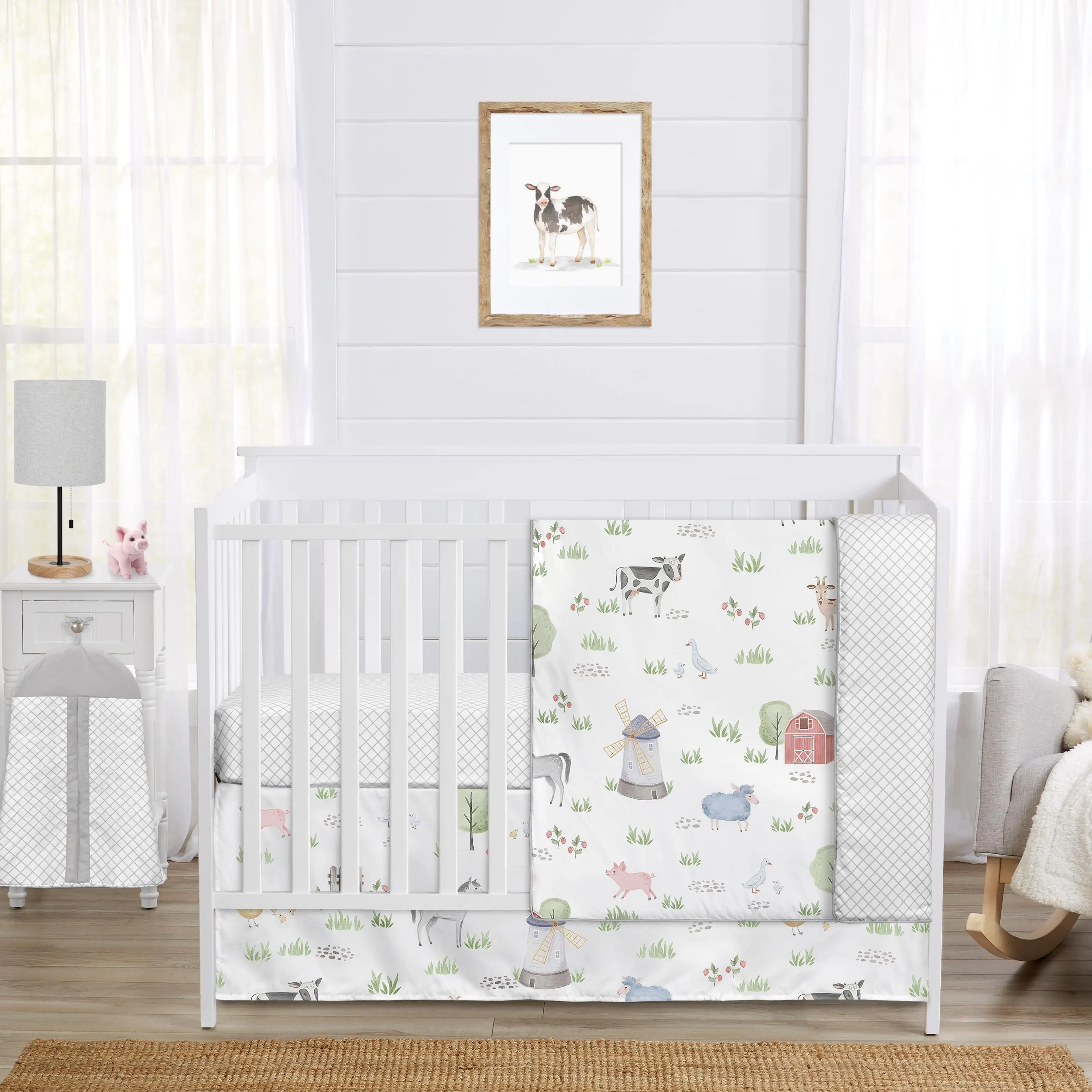 Sweet Jojo Designs 4-Piece Baby Crib Bedding Set (Farm Animals) for Boys or Girls, Infants/Nursery incl. Blanket, Fitted Sheet, Skirt, Diaper Stacker (Chicken, Farmhouse, Barn, Sheep, Horse, Cow, Pig)