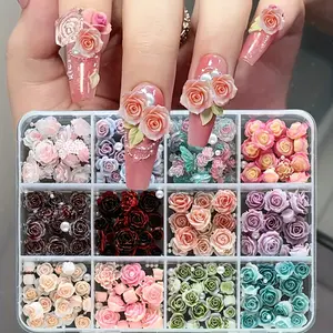 12 Grid 3D Resin Camellia Multi-Color Mixed Nail Art Set, Elegant Multicolor Simulated Gemstone Nail Accessories, Odorless DIY Nail Care Materials