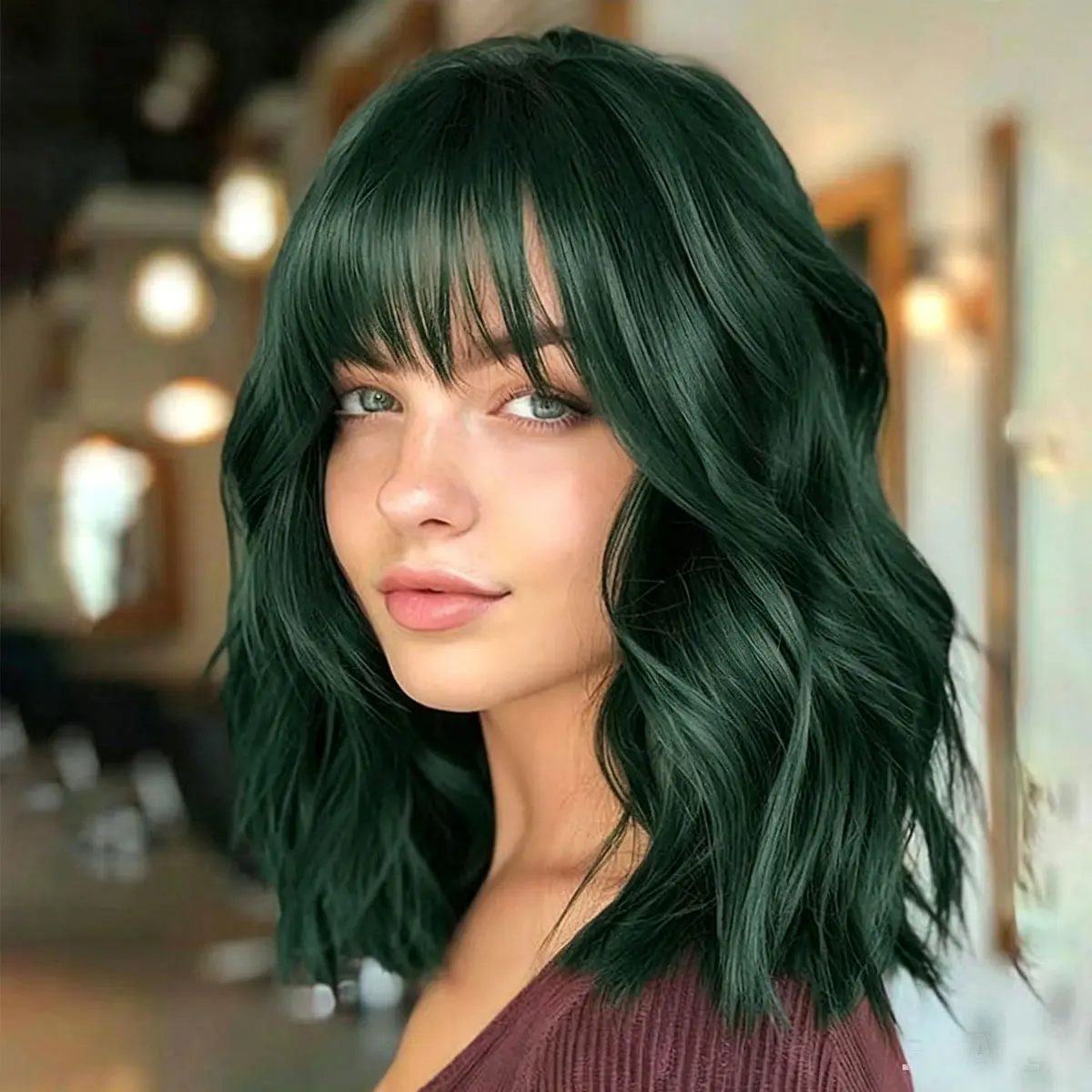 Short Wigs with Bangs 14Inch Mixed colors or solid colors Synthetic Curly Bob Wave Wig for Women Shoulder Length Natural Looking Hair Replacement Wig for Daily Party Use Cosplay Costume Halloween Wig Wavy  Wig Wavy Wiglet