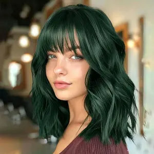 Short Wigs with Bangs 14Inch Mixed colors or solid colors Synthetic Curly Bob Wave Wig for Women Shoulder Length Natural Looking Hair Replacement Wig for Daily Party Use Cosplay Costume Halloween Wig