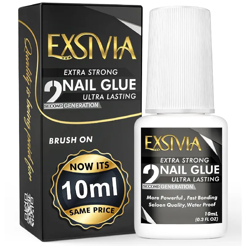 Exsivia 2nd Gen NailBond Super Strong Adhesive (10ml) Single Bottle - Brush-On Nail Supply for Press-On Nails, Acrylics, Press Firmly, Drip Proof, Hema-Free, Low Odor, Extra-Strength, Long-Lasting, No Dehydrator or Primer Needed