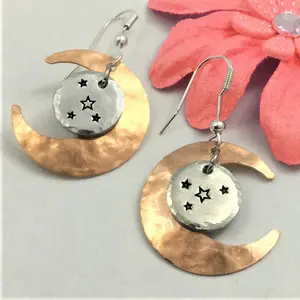 Copper Moon Silver Circle Star Earrings, Hand-Hammered, Hand-stamped, Celestial, Crescent Moon, Boho, Handmade Gift