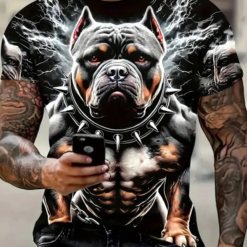 Men's Summer Comfortable Round Neck T-Shirt, Creative 3D Dog Print Short Sleeve Tee, Breathable Casual Streetwear, Outdoor Clothing for All Seasons, Fashion Tees, Plus Size